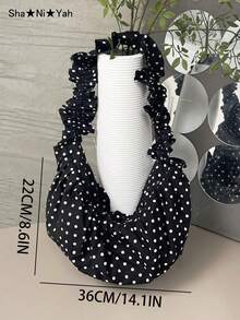 2026 New Korean & Japanese Style INS Versatile Pleated Polka Dot Ruffle Drawstring Dumpling Bag, Suitable For Commuting, School, And Casual Outings - Black - View 9