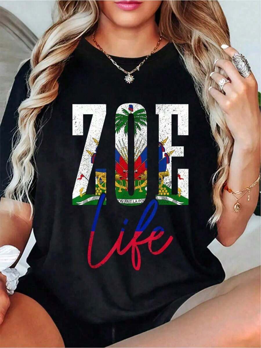Camiseta Haiti Zoe con Bandera Haitiana, Souvenir del Caribe, Camiseta de Manga Corta para Hombre y Mujer, Camiseta Gráfica Casual - Camiseta Estampada de Cuello Redondo, Camiseta Casual de Manga Corta, Transpirable, Suave,% Algodón - Estilo Urbano Vintage, Unisex, Holgada, de Algodón, de Manga Corta y Cuello Redondo. - Negro - Ver 1