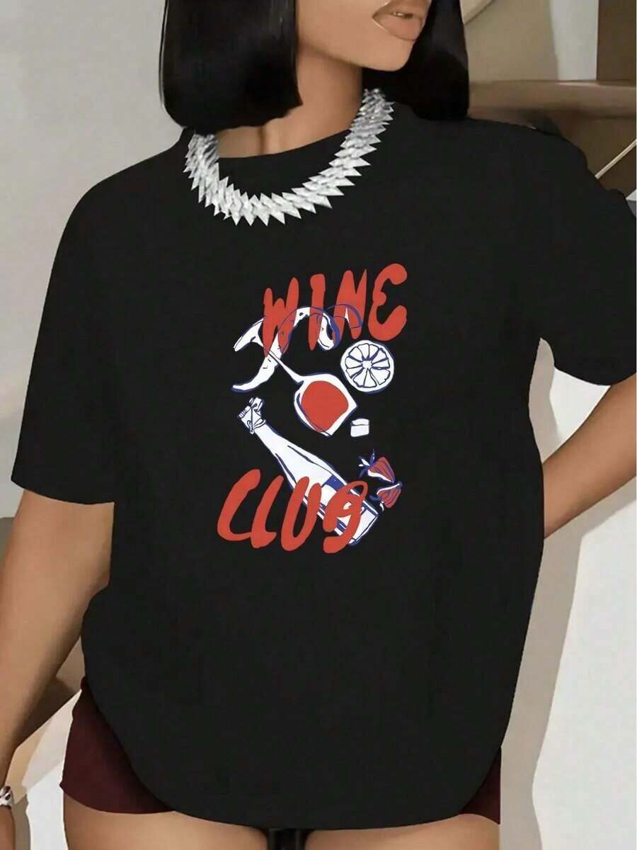 Women's Casual T-Shirt, Cocktail Party Print, Short Sleeves, Comfortable Fit, Everyday Casual Wear, Summer Fashion, Y2K Style Sportswear, Round Neck, 100% Cotton, Soft Fabric, Short Sleeve. - 黑色 - 查看 1