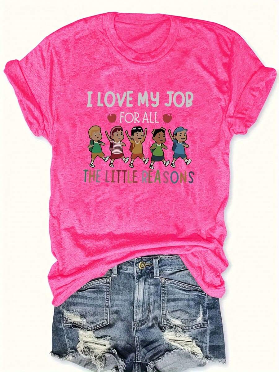 Plus Size - Plus Size Women'S Casual Crew Neck T-Shirt - "I Love My Job" Graphic Tee With Colorful Cartoon Characters, Short Sleeve, Lightweight & Breathable Fabric For Spring & Summer, Casual Wear | Playful Graphic Tee | Comfortable Fit - 玫紅色 - 查看 1