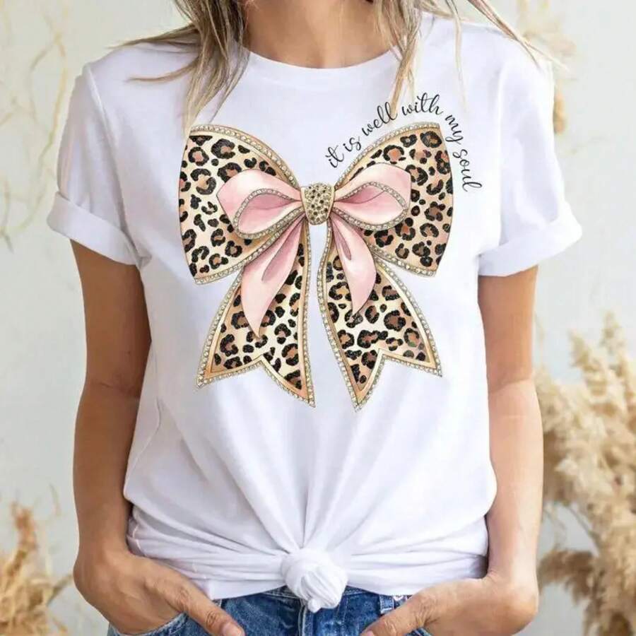 Women's Short-Sleeved, Crew-Neck Cotton Graphic T-Shirt, Designed By Fashion Designers, Featuring A Leopard Bow Print. Comfortable, Breathable, And Classically Cut, Ideal For Campus Gatherings And Casual Summer Outfits. Excellent As A Gift For Women (Sportswear And Outdoor Wear). - 白色 - 查看 1