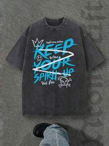 Camiseta casual vintage cómoda y lavada para mujer, camiseta de manga corta con cuello redondo,% algodón lavado y versátil para hombre, adecuada para uso diario y atuendos de, estilo unisex. - Negro - Ver 6