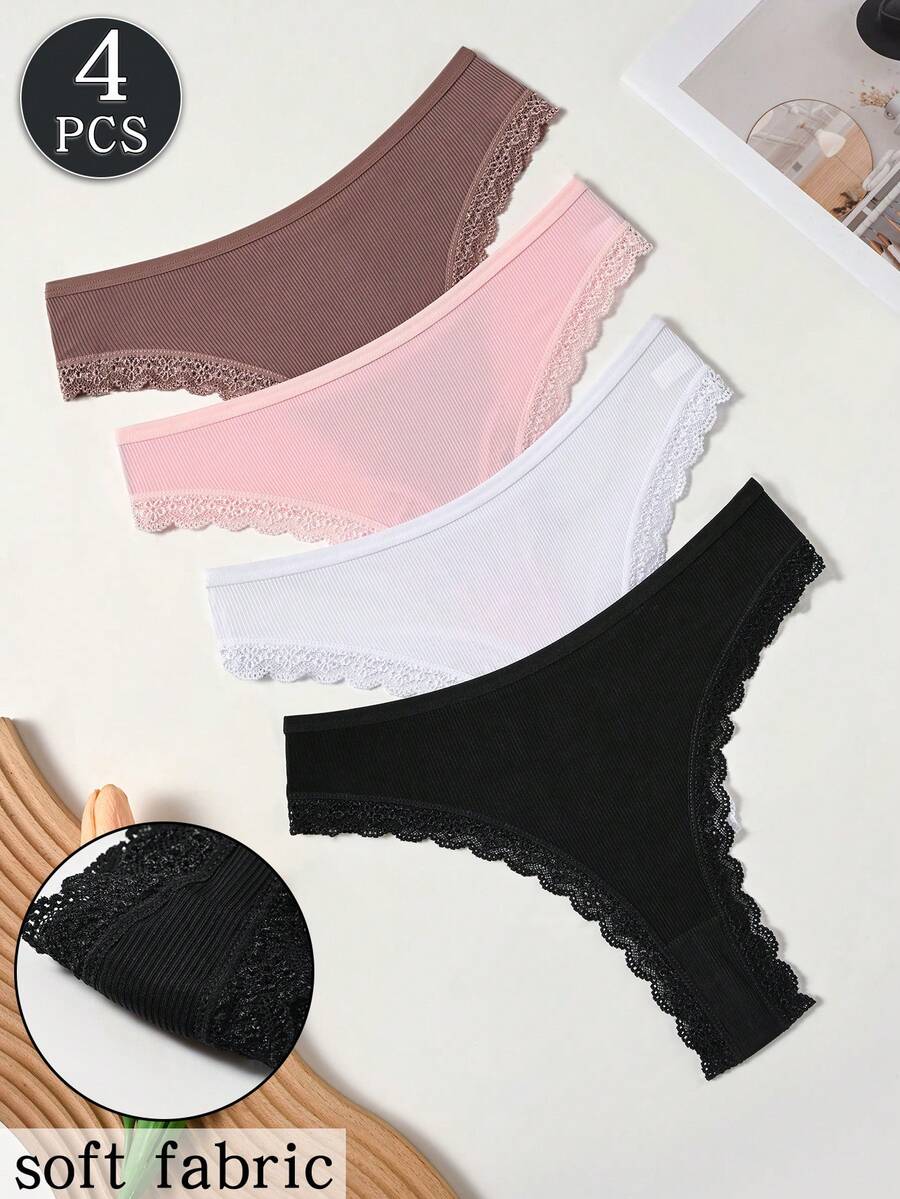 4pcs Women's White Lace Trim Ribbed Comfortable Ultra-Thin Breathable Minimalist Solid Color Thong - Multicolor - View 1