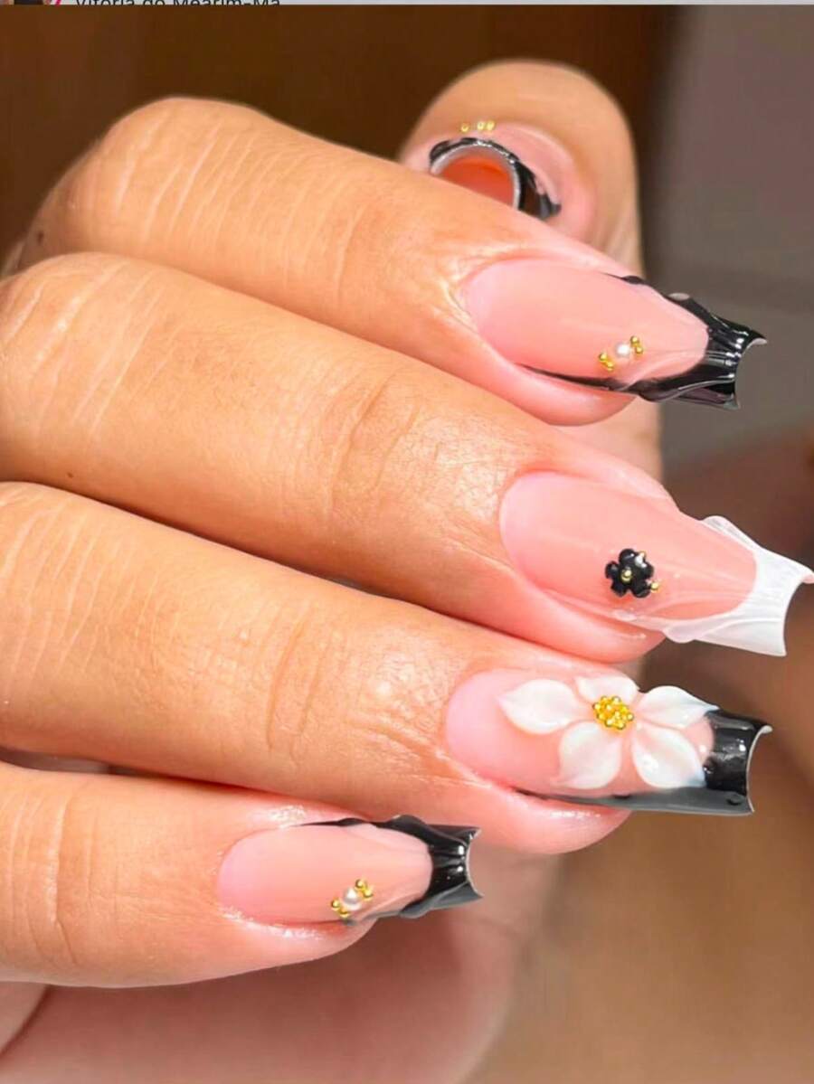 10pcs Elegant Square Nail Stickers, Nude Pink False Nails With Black French Tips, Decorated With 3D White Flowers, Small Black Flowers And Gold Beads, Glossy Luxurious Feminine Style, Reusable, Suitable For Daily Wear, Dates And Parties, Great Gift For Women And Girls - Follow Your Heart - View 1