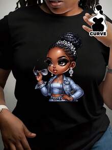 1 pieza de camiseta casual de cuello redondo para mujer de talla grande - top de manga corta con estampado de dibujos animados, 95% poliéster 5% spandex elástico, tejido de punto ligero de 220 g/m², lavable a máquina para comodidad en todas las estaciones, ropa de talla grande. | Camiseta con estampado de dibujos animados | Parte superior lavable a máquina - Negro - Ver 7