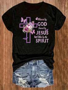 Casual Crew Neck T-Shirt With Letter Print, Featuring 'God Bless' And Other Designs, Loose Fit And Plus Size. Women's Cotton T-Shirts, Black Blouses For Ladies. - 黑色 - 查看 4