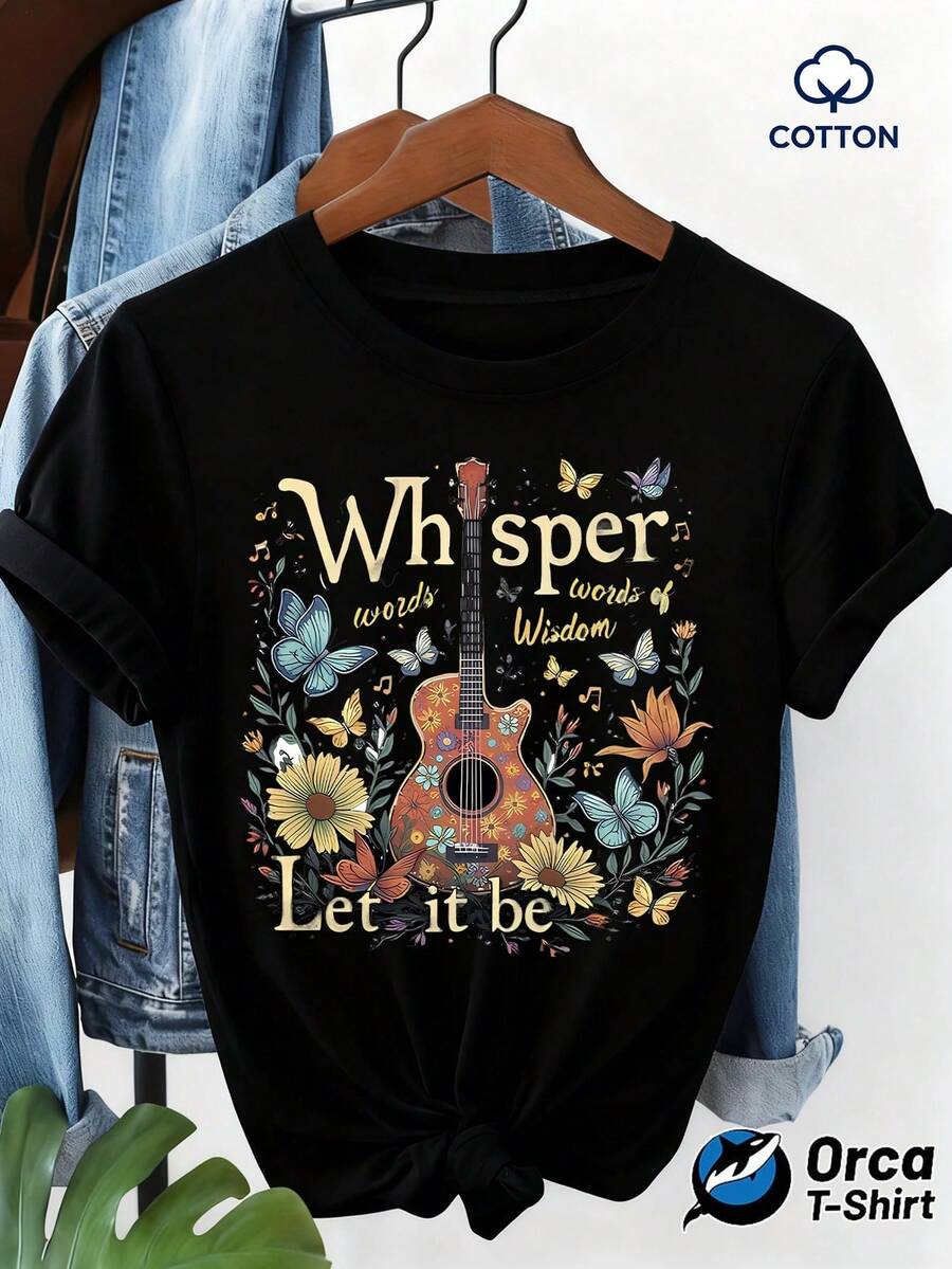 Camiseta unisex de manga corta, WhisperPalabrasDeSabiduríaDejeEsSeaGuitarraFloralMariposaDiseñoTCamisaparaMujeresBohoEstiloMúsicaInspiradoInformalSuperiorVeranoConjunto de ropaCortoMangaTeeplayerashombre, , , Dazymujer,romwehombres, bohochic,maestrasregalos,camisetaparaconjuntos de mujercon curvasparamu,y2k, - Negro - Ver 1