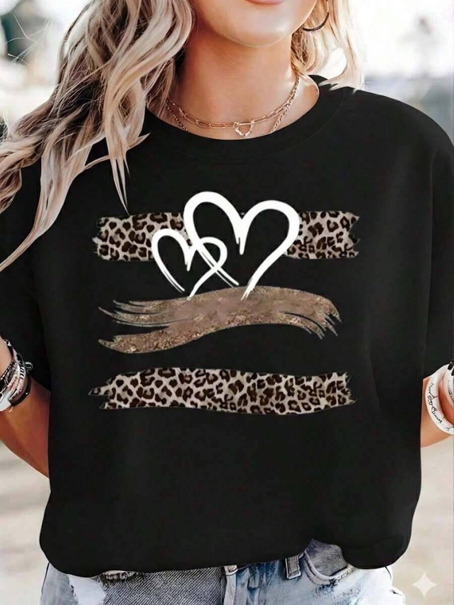CasualPlayera Blanca de Mujer con Doble Corazón y Estampado de Leopardo, Camiseta de Moda con Brillo Dorado y Pinceladas Artísticas, Blusa de Estilo Boho y Chic, Top Casual para Verano o RegaloMust-have - Negro - Ver 1