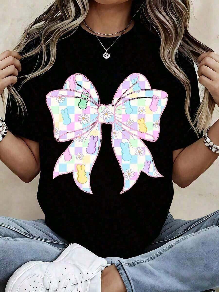 Casual 2026 Summer Women's-Shirt High-Quality Cotton Easter Bunny Bow Graphic Shirt Pastel Checkered Pattern Cute Spring Design Women's Fashion Top Top De Mujer Para Vacaciones En La Playa Western Graphic Tees Camisas Para Hombre Graphic Tees Women Clothes Summer Tops Summer Clothes Graphic Tee ShirtsFashion - Negro - Ver 1