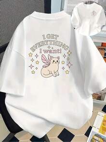 Ropa de mujer - Camiseta con estampado de hada gatuna para mujer - "¡Tengo todo lo que quería!" Estampado de estrellas mágicas, top suave para el día a día, imprescindible para amantes de las mascotas - Lavable a máquina, manga corta de verano, estilo casual con tela cómoda, fácil de llevar. - Blanco - Ver 6