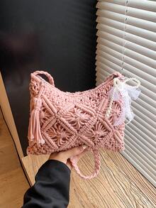 Handwoven Small Crossbody Bag, New Woven Shoulder Bag, Niche Beach Style, Versatile, Square Envelope Bag, Fashionable, Suitable For Vacation And Beach - Pink - View 11