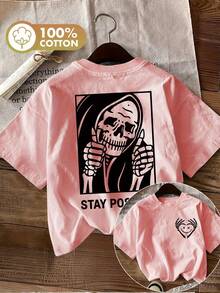 Edición Limitada: Camiseta Casual de Verano para Mujer con Estampado de Doble Cara, Estilo Oscuro, Calavera y el Texto 'STAY POSITIVE' en una Camiseta de Manga Corta y Cuello Redondo de Algodón Ligero. - Verde - Ver 10