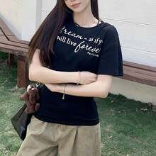 Camiseta Retro de Manga Corta para Mujer con Estampado de Letras para Comodidad y Estilo, Camiseta de Algodón, Ropa Casual - Negro - Ver 9