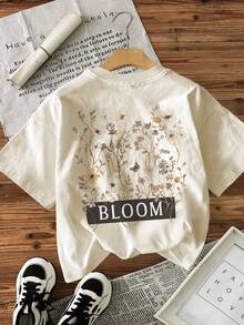 Camiseta de edición limitada con estampado gráfico, manga corta, cuello redondo, top casual para verano y primavera, ropa de mujer, algodón ligero. - Albaricoque - Ver 2