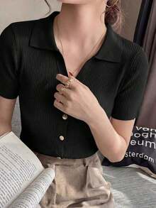 de punto con cuello polo y mangas raglán cortas para mujer, ligera y versátil, ideal para primavera/verano - Negro - Ver 3