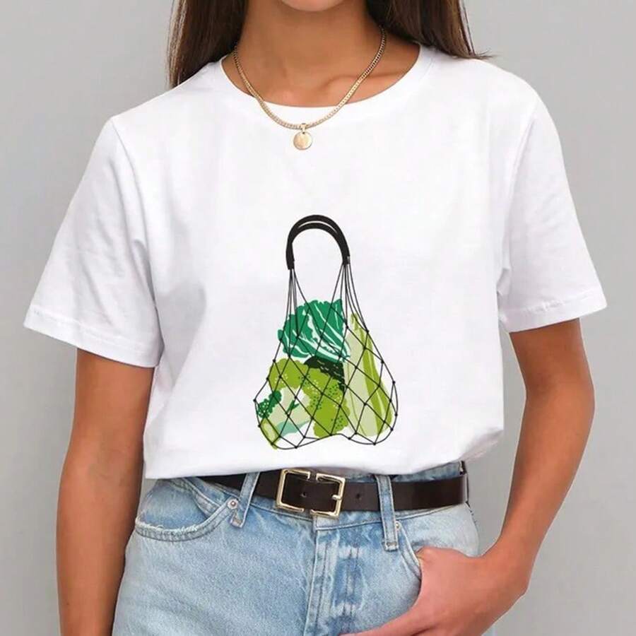 Camiseta Retro Ligera con Estampado de Dibujos Animados para Mujer, Ideal para Salidas de Primavera y Verano, Camiseta de Algodón, Ropa Casual - Blanco 2 - Ver 1