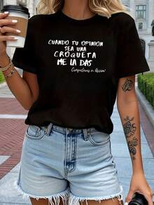 Camiseta de manga corta de cuello redondo para mujer, corte regular, con estampado de texto en español "CUANDO TU OPINION SEA UNA CROQUETA ME LA DAS", para primavera/verano, compras informales, regalo de vacaciones, atuendo para reuniones de amigos, atuendo diario informal, verano. - Negro - Ver 8