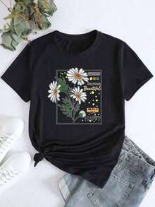 Camiseta holgada para mujer, estampada con un diseño floral de girasoles, adecuada para chicas de todas las edades. - Negro - Ver 6