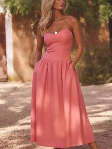 Vestido largo tirantes liso primavera estilo francés corte ajustado elegante moda europea para mujer - Rosa - Ver 3