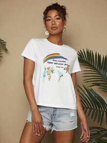 Camiseta de punto de ajuste regular en unicolor para vacaciones con patrón impreso,Playera Gráfica Oversized Mujer Verano Casual - Blanco - Ver 5