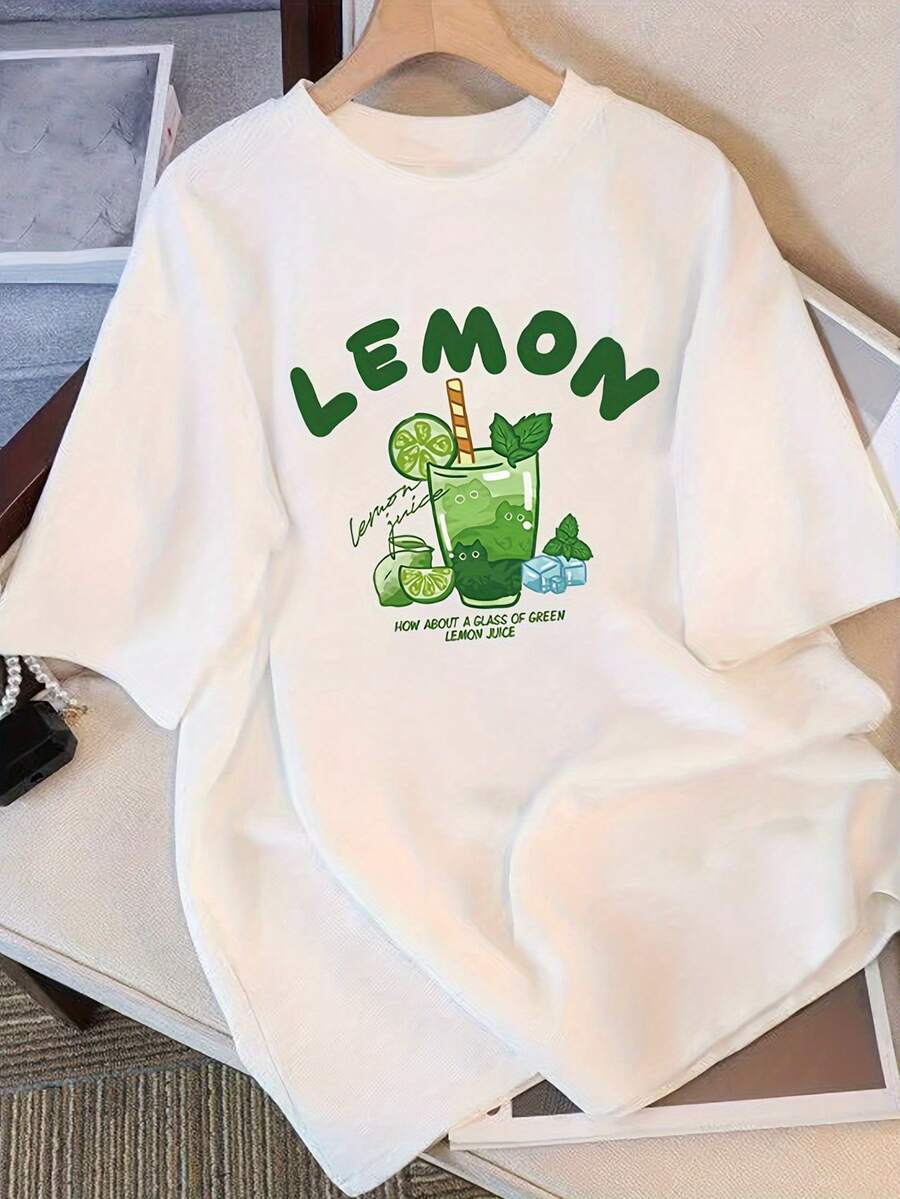 Women's Minimalist Modern Lemonade Print T-Shirt, White Cotton - Cute Lemon Slice And Lemonade Design, Casual Summer T-Shirt, Sweet And Tangy Design, Iced Coffee T-Shirt For Everyday Casual Wear - 白色 - 查看 1