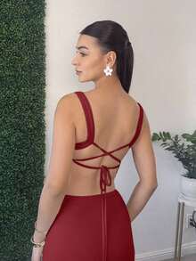 YHHAndrea Bello Vestido de tirantes unicolor de espalda abierta con cordónYHH - Burdeos - Ver 3