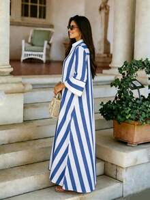 Spring/Summer Women's Long Dress, Featuring Wide Stripes And Color Block Design Elegant - Dark Wash - View 4