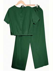 SDHT Women's Solid Color Minimalist Round Neck Short Sleeve Top And High Waist  Pants 2-Piece Set, Spring/Summer, Charm Green Set ,Sping Summer OutFit Set For Women Vacation Holiday Women Loose Fit Summer OutFit For Daily Wear, Active Top, Active Pants, Office Dress, Comfoty Charm Summer Set/2pc. Charm Women Spring Summer Outfit, Active Outfit/2pc, Curve Gift For Women. - màu xanh lá - Xem 10