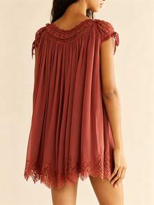 Women Puff Sleeve Short Babydoll Dress Square Neck Flowy Mini Dress Floral Ruffle A Line Summer Sundress - 紅色 - 查看 3