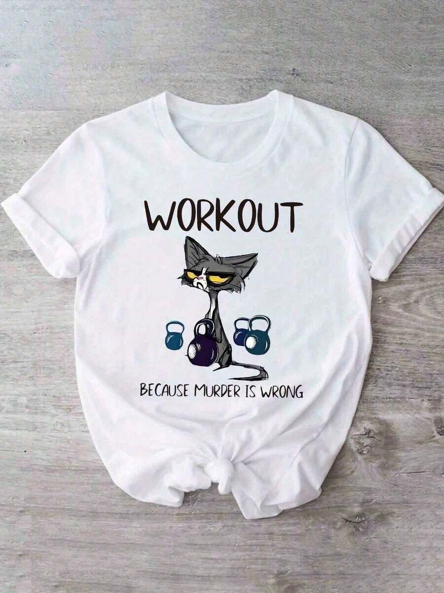 100% Cotton Women's Oversized Short Sleeve Workout T-Shirt With Funny Cat And Weight Graphic Print, "Train Because  Is" Slogan, Soft Crew Neck, Machine Washable, Comfortable For All Seasons For Gym And Casual Wear, Gym Tees, Lightweight Clothing, Fun Design, Front Knot Tee - 白色 - 查看 1