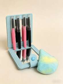6-In-1 Makeup Tool Set, 4pcs Disposable Eyelash Brushes + Double-Sided Mirror + Makeup Sponge, Portable Cosmetic Kit For Travel And Daily Makeup - Multicolor - View 1