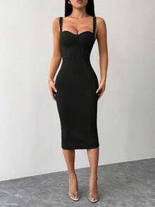 Vestido midi ajustado y entallado con parte trasera dividida, copa de busto y cadera azul - Negro - Ver 4
