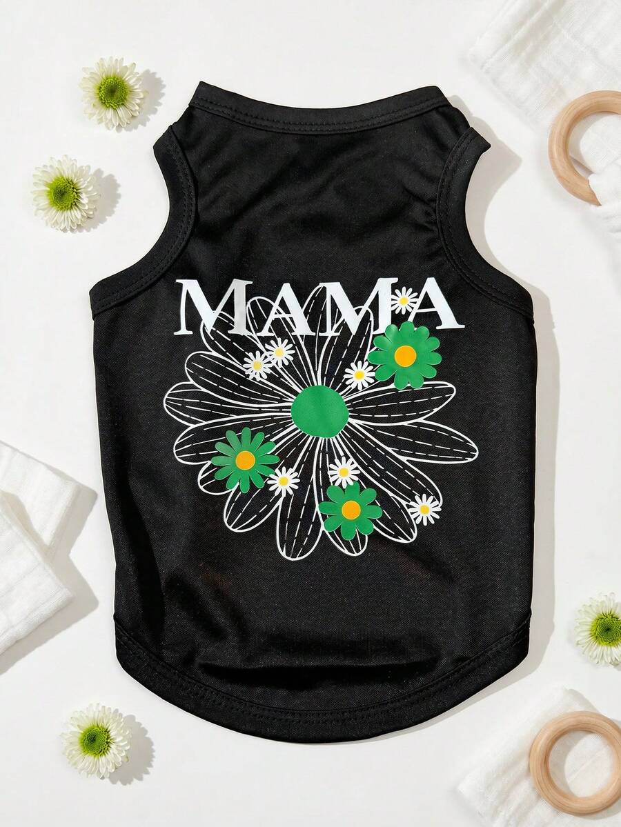 The 3estie 3eastie 1pc Summer Floral Daisy Pattern "Mama" Letter Pet Vest, Physical Flea Repellent, Reduce Shedding, Heat Insulation & Breathable, Suitable For Small & Large Dogs, Indoor & Outdoor - Black - View 1