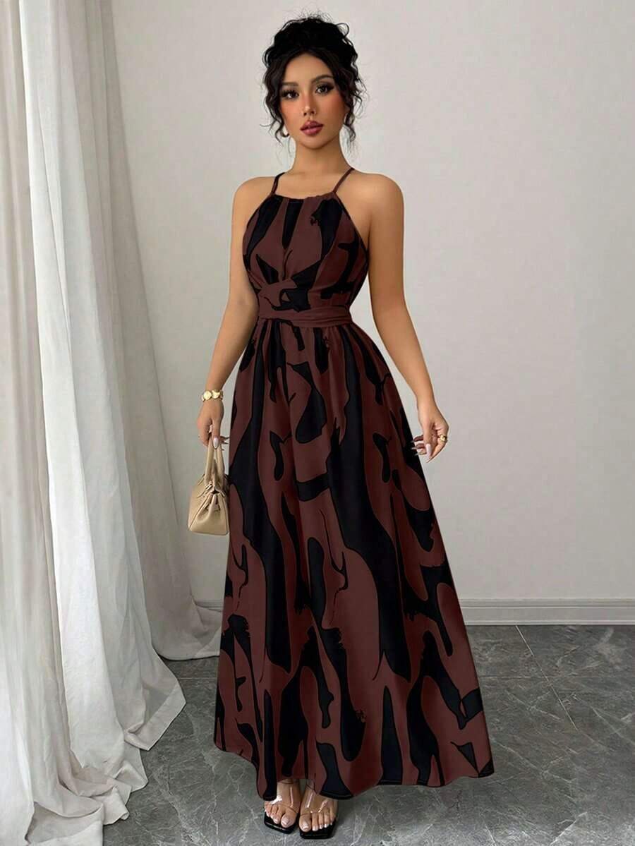 Vestido de línea A con estampado gráfico en blanco y negro, con hombros abiertos, nudo retorcido y escote de halter, elegante para primavera/verano de las mujeres - Óxido marrón - Ver 1
