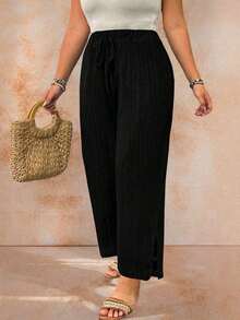 Pantalones de talla grande en color liso y con textura casual - Negro - Ver 6