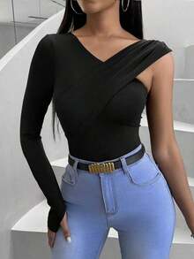 Camiseta De Señora Entallada Con Cuello En V De Color Sólido - Negro - Ver 4