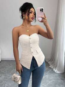 Top corto ajustado de verano para mujer con textura rosa, con detalle de botón de perla - Albaricoque - Ver 6