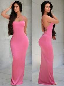 maxi de mujer de tela de punto de color marrón chocolate con tirantes finos y abertura en el bajo de lápiz - Rosa Fucsia - Ver 1