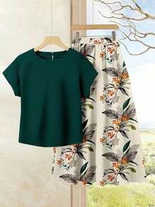 Set de 2 piezas Blusa de unicolor + Falda estampada con flores moradas de estilo casual de vacaciones para mujer, Conjunto de verano para mujer, Conjunto de falda y blusa, Conjunto de falda y blusa para mujer, Conjunto de falda estampada de pri - Multicolor 4 - Ver 4