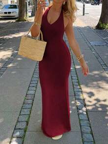 Vestido largo minimalista y elegante de mujer  de unicolor, con cuello en V profundo, volantes en la espalda, de punto con gran elasticidad, estilo europeo y americano, sin mangas, adecuado para vacaciones, ocio y uso diario en verano, color negro - Burdeos - Ver 2