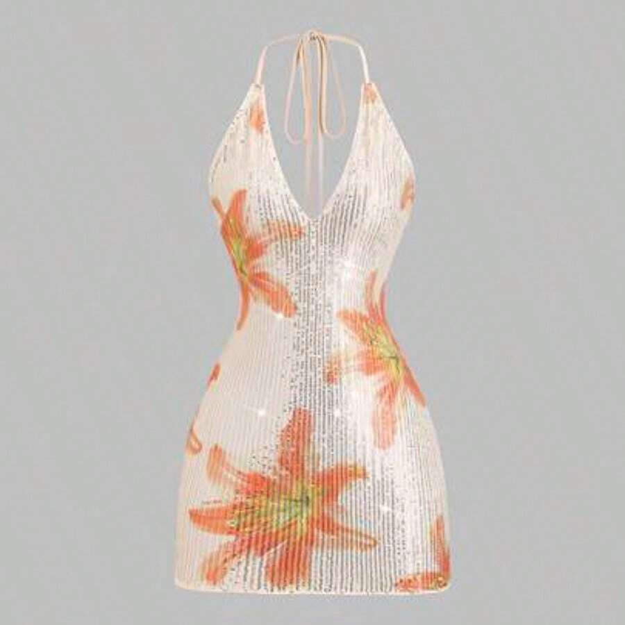 Women's New Spring/Summer Suitable For Vacation, Party, Elegant Romantic Floral Sequin Fabric Deep V-Neck Design Backless Tie Strap Mini Dress - Multicolor - Ver 1