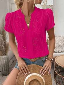 Camisa de mujer con escote en V con muesca, mangas abullonadas, blusa de manga corta - Rosa Fucsia - Ver 8