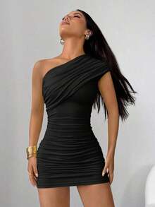 mini ajustado con pliegues de unicolor para mujer, atuendos de verano y club, sexy - Negro - Ver 4