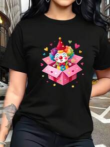 Camiseta de Sorpresa Unboxing con Estampado de Payaso Dulce - Cuello Redondo, Casual, con Cara de Payaso, Lavable a Máquina, Ideal para Fiestas, Atuendos Casuales y Temáticos, Top No Estilo Blusa - Negro - Ver 6