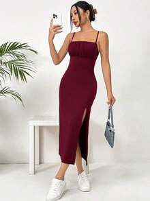 Vestido midi de leopardo con abertura lateral y tirantes - Burdeos - Ver 4
