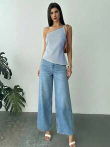 Nueva llegada Primavera/Verano Elegante Top casual de lino color albaricoque con cintura fruncida, bajo asimétrico y espalda descubierta - Azul y blanco - Ver 4