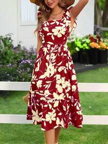Vestido de verano de estilo bohemio con cuello cuadrado y estampado floral, con volantes en el bajo, elegante vestido de vacaciones en color rojo - rojo intenso - Ver 2