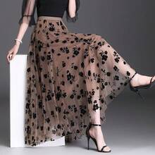 Korean Tulle Skirt For Women,  Floral Hook-And-Eye Loose Midi Skirt For Summer, Elegant Casual Mesh Skirts That Go With Everything, New Arrival - 卡其色 - 查看 1