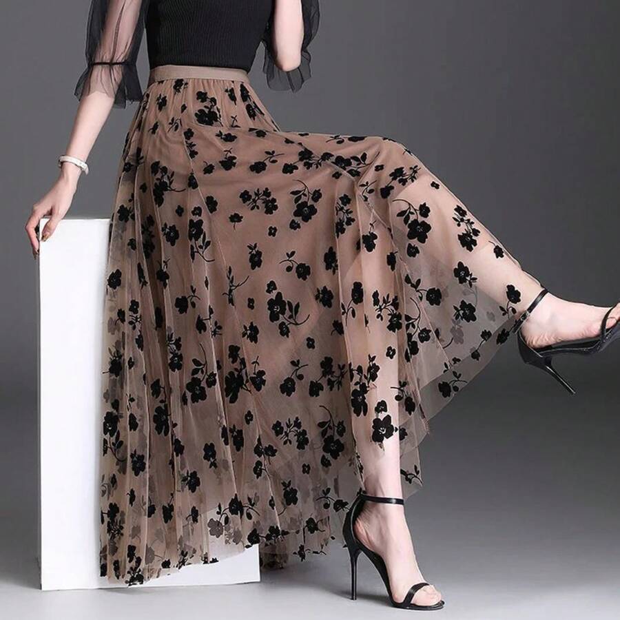 Korean Tulle Skirt For Women, Floral Hook-And-Eye Loose Midi Skirt For Summer, Elegant Casual Mesh Skirts That Go With Everything, New Arrival - 卡其色 - 查看 1
