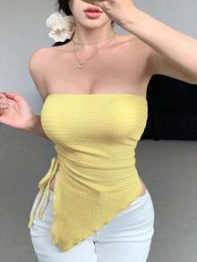 Blusa asimétrica con volantes de unicolor y textura para vacaciones, top tubo para salir en verano - Amarillo - Ver 5